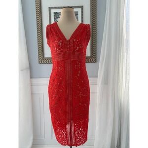 Bardot Red Lace Midi Dress Plunge V Neck Cocktail US 6